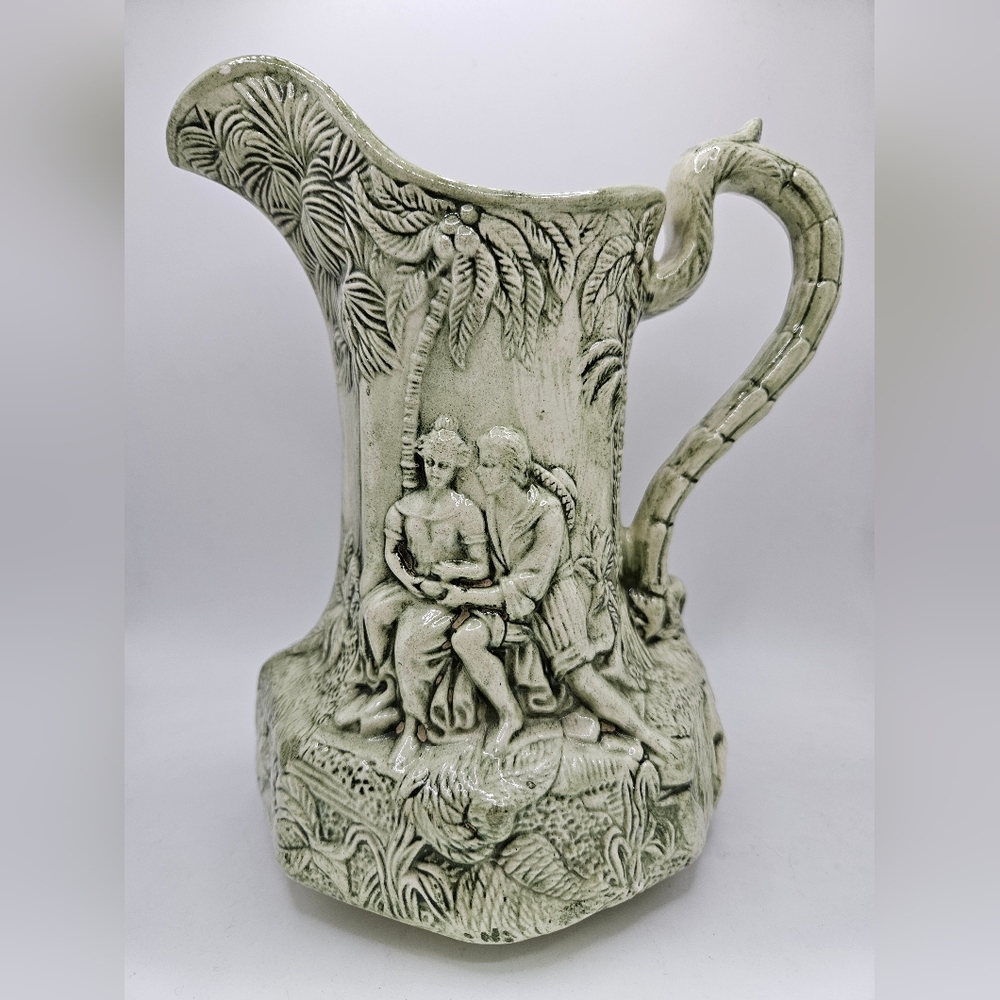 7.25" Vintage ESD Green Embossed Ceramic Pitcher Man Woman Couple Palm Trees